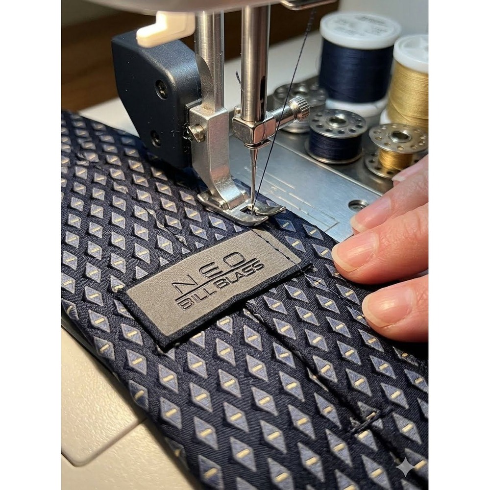 Neo Bill Blass Mens Silk Necktie Navy Blue Gold Geometric Diamond Pattern Tie